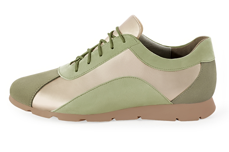 Khaki green and gold women's three-tone elegant sneakers. Round toe. Flat rubber soles. Profile view - Florence KOOIJMAN
